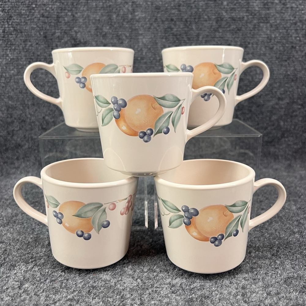 Set of 5 Vintage Corelle Corning Abundance Coffee Mug Tea Flat Cup Fruit Peach